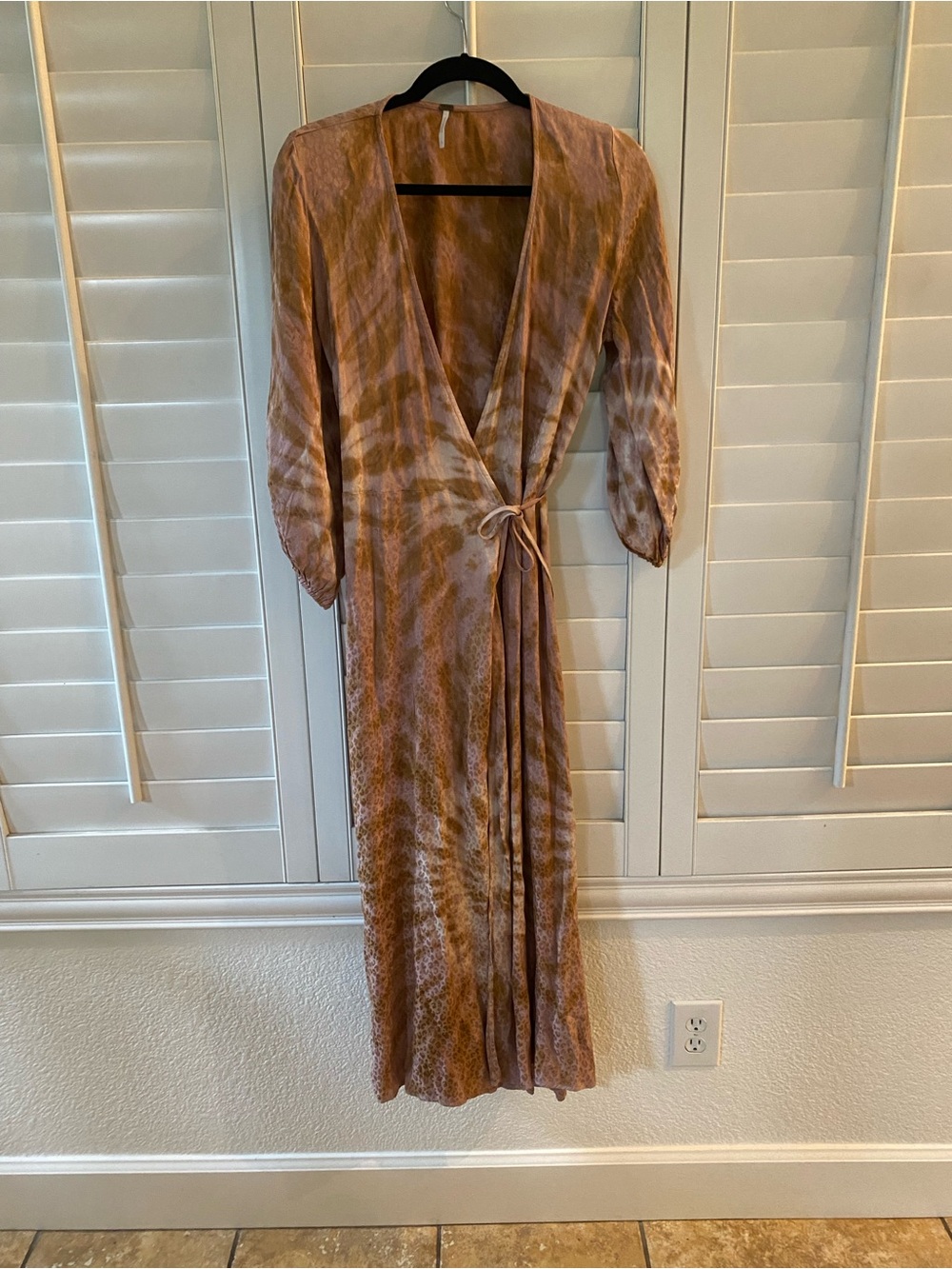 Women's Wrap Midi Dress in Muted Brown Tie-Dye